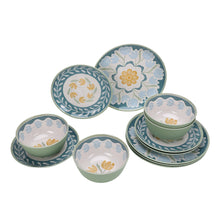 Assorted green and blue floral dinner plates and bowls set