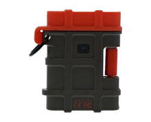 Compact SD card reader adapter, black body with red top, key lanyard