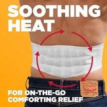 Heat wrap on lower back and hip with yellow heat pad visible through white fabric