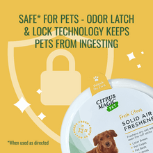 Citrus Magic Pet solid air freshener disc with child-safe lock and odor latch icon