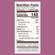 Nutrition Facts panel for dark chocolate raspberry squares