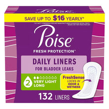 Poise daily incontinence liner box showing 132 count Very Light long FreshProtection
