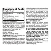 Eye health softgels bottle back label with Supplement Facts panel text