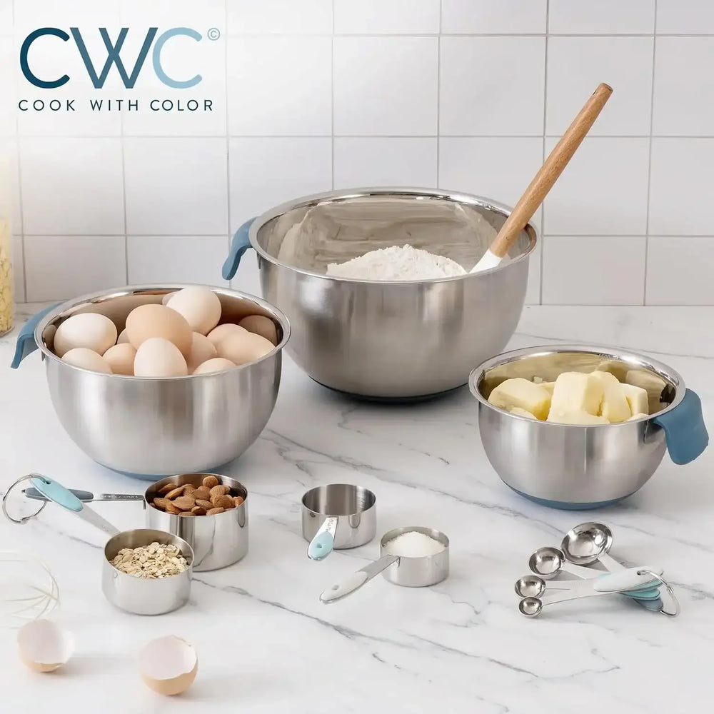 COOK WITH COLOR Stainless Steel Mixing Bowls Set and Measuring Cups- Nesting Bowls with Non-Slip Bottom and Easy-Grip Handles, 11 Pieces - USA MEGA SHOP