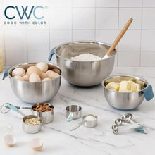 Stainless steel mixing bowls set with measuring cups and spoons, blue handle grips