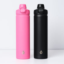 Pink and black stainless steel water bottles with push-lock lids and carry handles