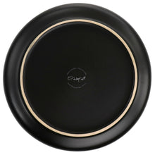Back of black stoneware dinner plate with gold rim border