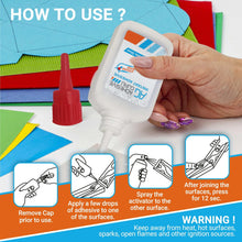 Cyanoacrylate glue bottle with red nozzle shown with usage instructions