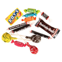 Assorted Tootsie variety candies with multiple wrapped rolls and Fruit Chews pieces