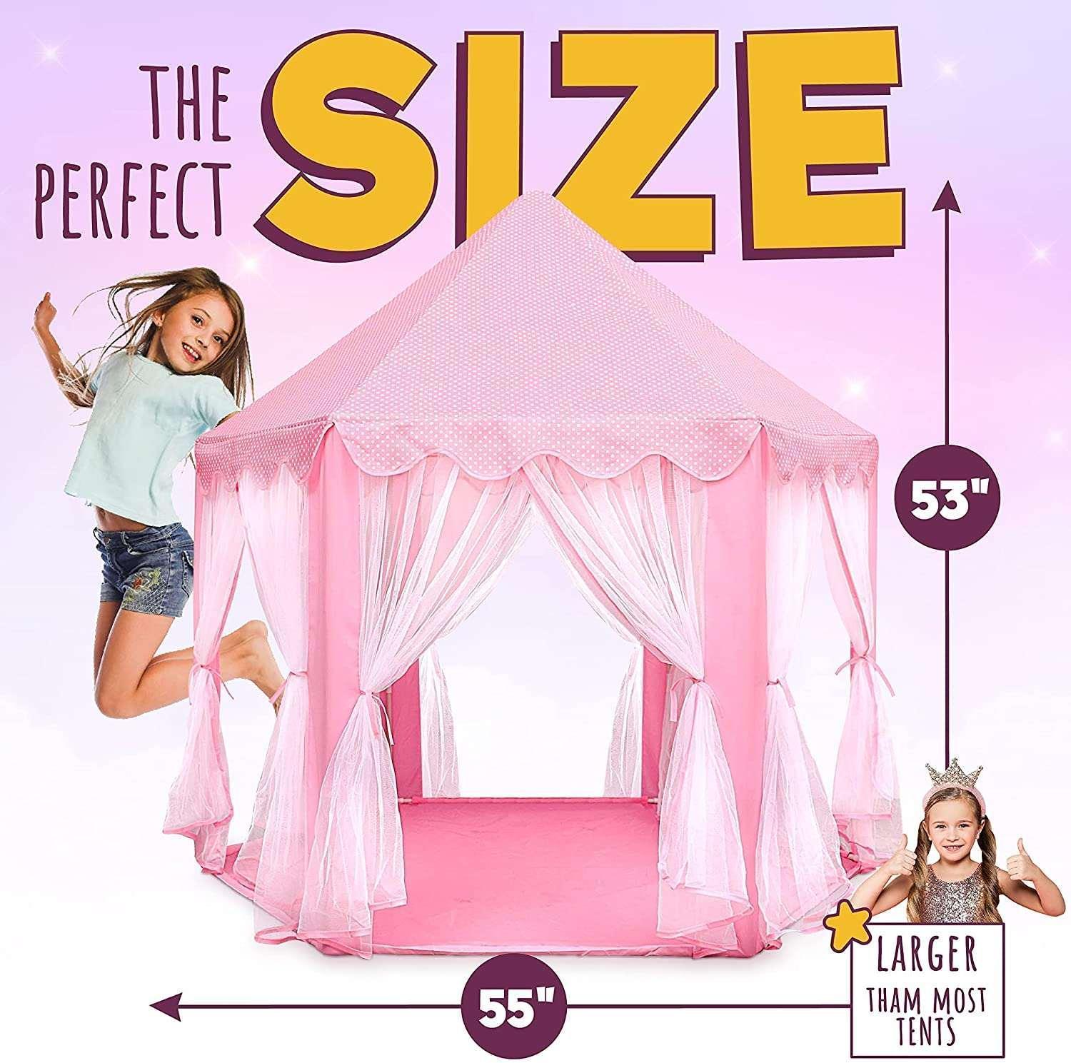 ORIAN Princess Castle Playhouse Tent for Girls with LED Star Lights – Indoor & Outdoor Large Kids Play Tent for Imaginative Games – Princess Tent, 230 Polyester Taffeta. Pink 55"x53".
