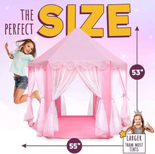 Pink princess play tent with sheer canopy curtains and peaked roof; large size shown with child.