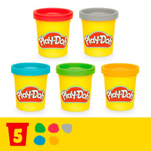 Play-Doh compound tubs, five colors with yellow lids and matching colored bases