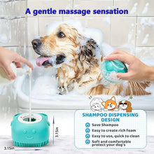 Teal shampoo-dispensing pet massage brush with rotating bristle head