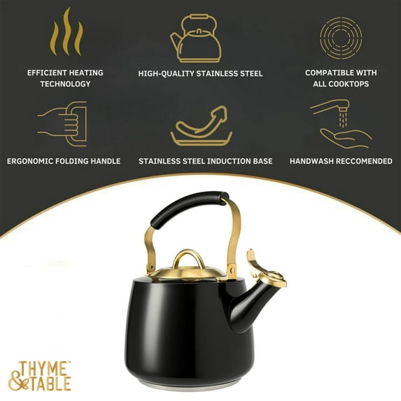 Thyme & Table Stainless Steel 1.8L Stovetop Tea Kettle - Black & Gold