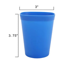 Blue plastic kids cup, 3 in top width and 3.75 in height