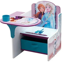 Kids chair desk with storage drawer, white base with teal top and purple edges, character art