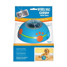 Blue wobble wag giggle treat-dispensing dog toy ball on retail packaging