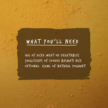 Tikka masala cooking pouch panel listing what you'll need ingredients