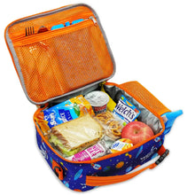 Insulated kids lunch bag with blue space print, orange mesh side, open top with zipper