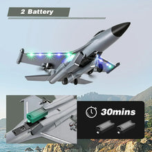 Grey RC jet aircraft with colorful LED lights and front landing gear visible