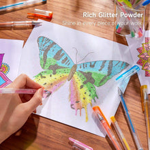 Glitter gel pens with a butterfly drawing and visible glitter powder details
