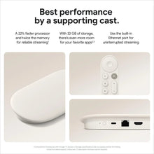 Streaming media streamer and voice remote, light gray with close-up port and remote details.
