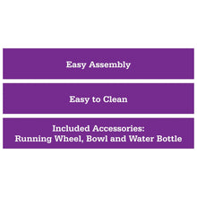 Purple info panel for hamster habitat care and included accessories