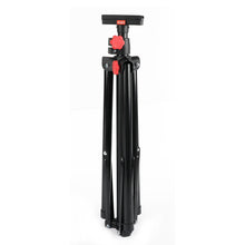 Compact tripod stand with locking knobs and feet, black frame with red controls