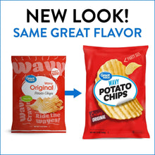 Two red Great Value wavy potato chips Original bags with label change arrow