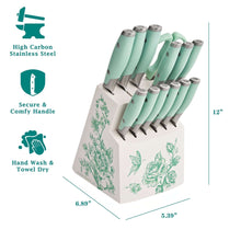 Knife set in acacia block with 14 mint green-handled knives and floral design