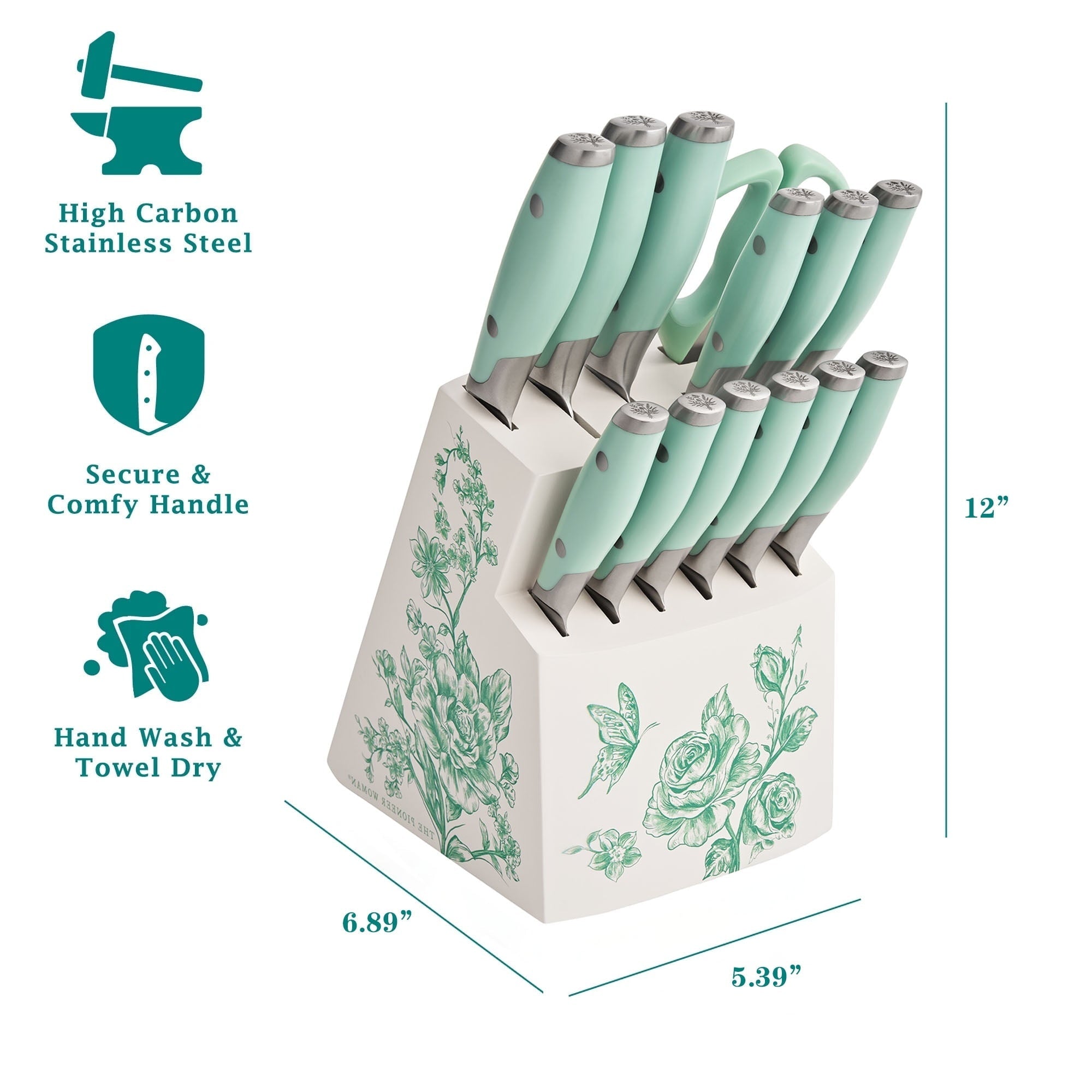 The Pioneer Woman 14 Pieces Knife Set with Decal Block Stainless Steel Knives, Forged, Green Agatha
