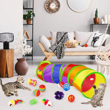 Rainbow cat tunnel and multiple cat toys with ball play pieces for kittens