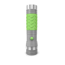 LED glow-in-the-dark flashlight with green textured grip, gray barrel and button