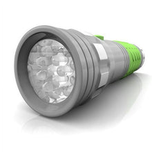 LED glow-in-the-dark flashlight with gray body and green grip, front view