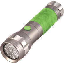 LED glow-in-the-dark flashlight with green grip and gray metal-style head