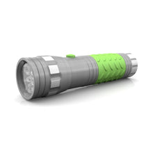LED glow-in-the-dark flashlight, gray body with green textured grip, side angle