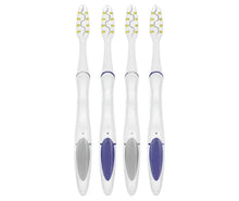 Four medium toothbrushes with white handles and purple accents, battery powered design