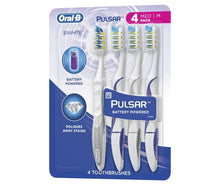 Battery powered medium toothbrush 4-pack with white bristles in blister packaging