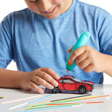 Teal 3D pen decorating a red toy car with colorful filament rods