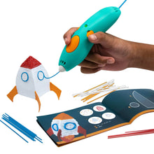 Teal 3D printing pen held in hand, creating a small rocket on a craft mat