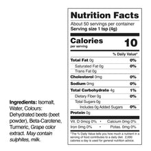 Nutrition Facts label with serving size, calories, fat, carbs, and ingredient text