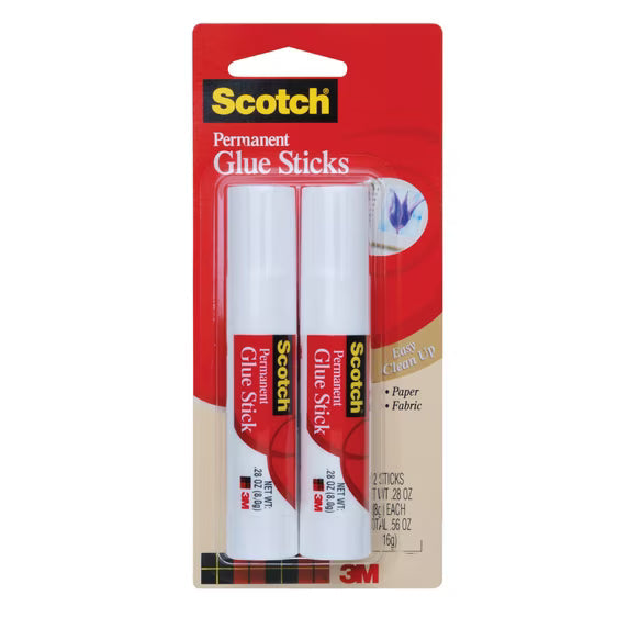 Scotch permanent glue stick pack with two white sticks in red blister