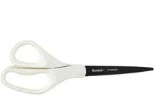 White-handled precision scissors with black blade, straight view