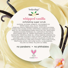 Whipped vanilla exfoliating sugar scrub label close-up with cruelty-free badge.