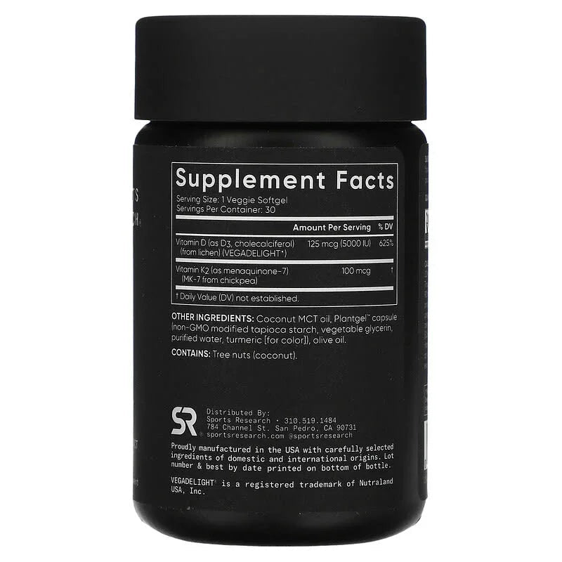 Sports Research, D3 + K2, Plant-Based, 62.5 mcg/100 mcg, Veggie Softgels