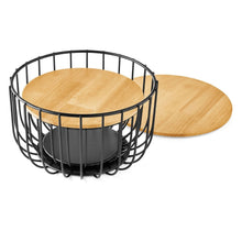 Set of 2 round black wire baskets with bamboo lids, countertop storage set.