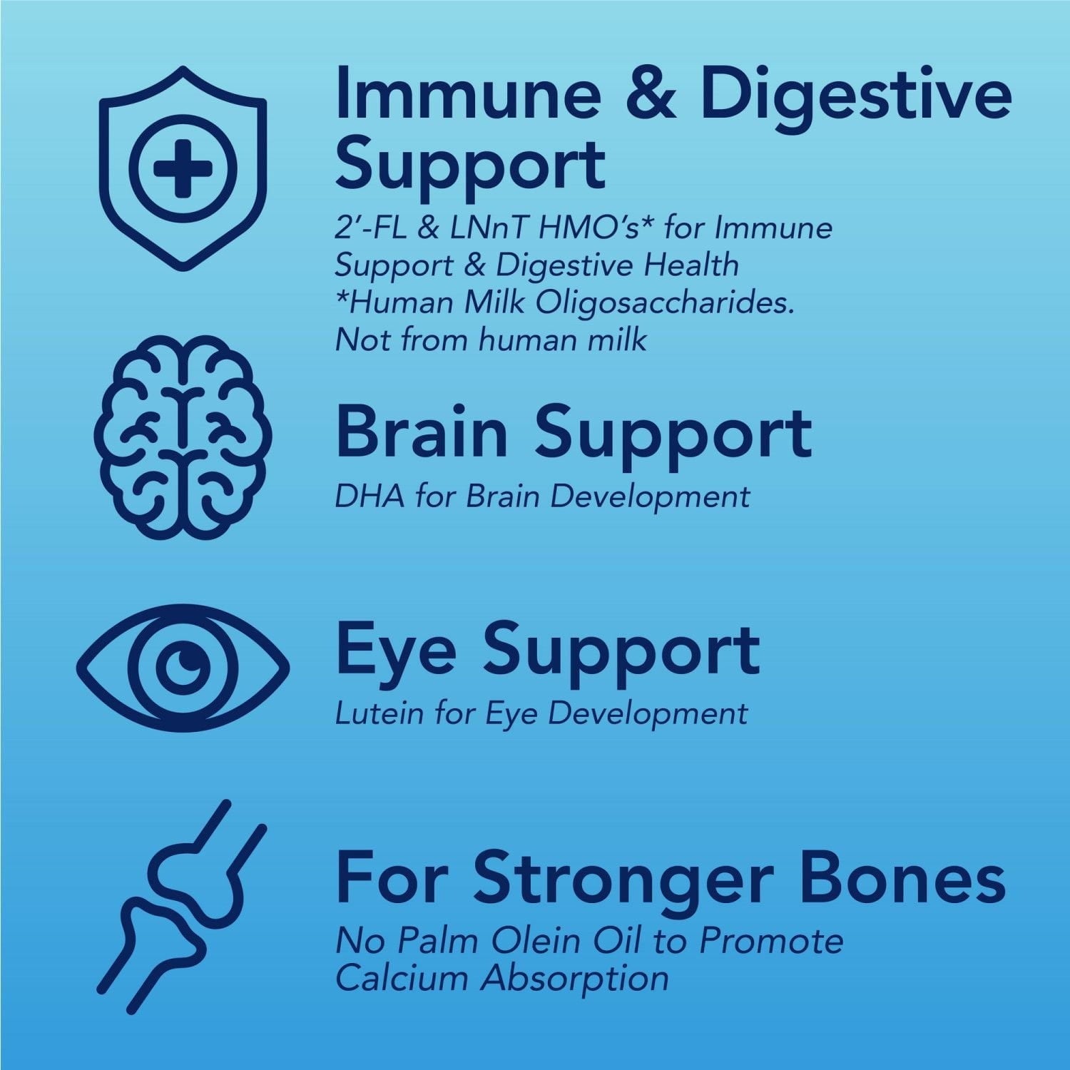 Immune and digestive support label with brain, eye, and bone benefit icons