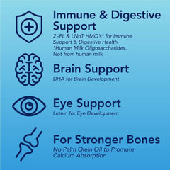 Immune and digestive support label with brain, eye, and bone benefit icons
