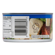 Canned chicken breast side label with recycling symbol and barcode