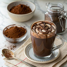 Swirl-topped instant mocha coffee in glass mug with coffee mix jars